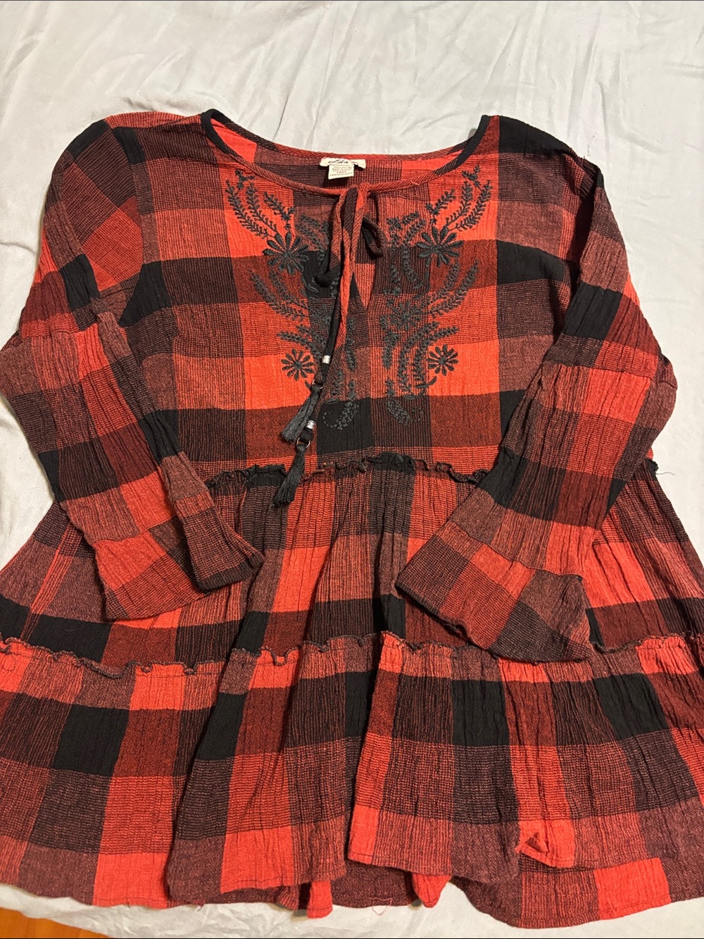 Red and Black Plaid Embroidered Peasant Blouse